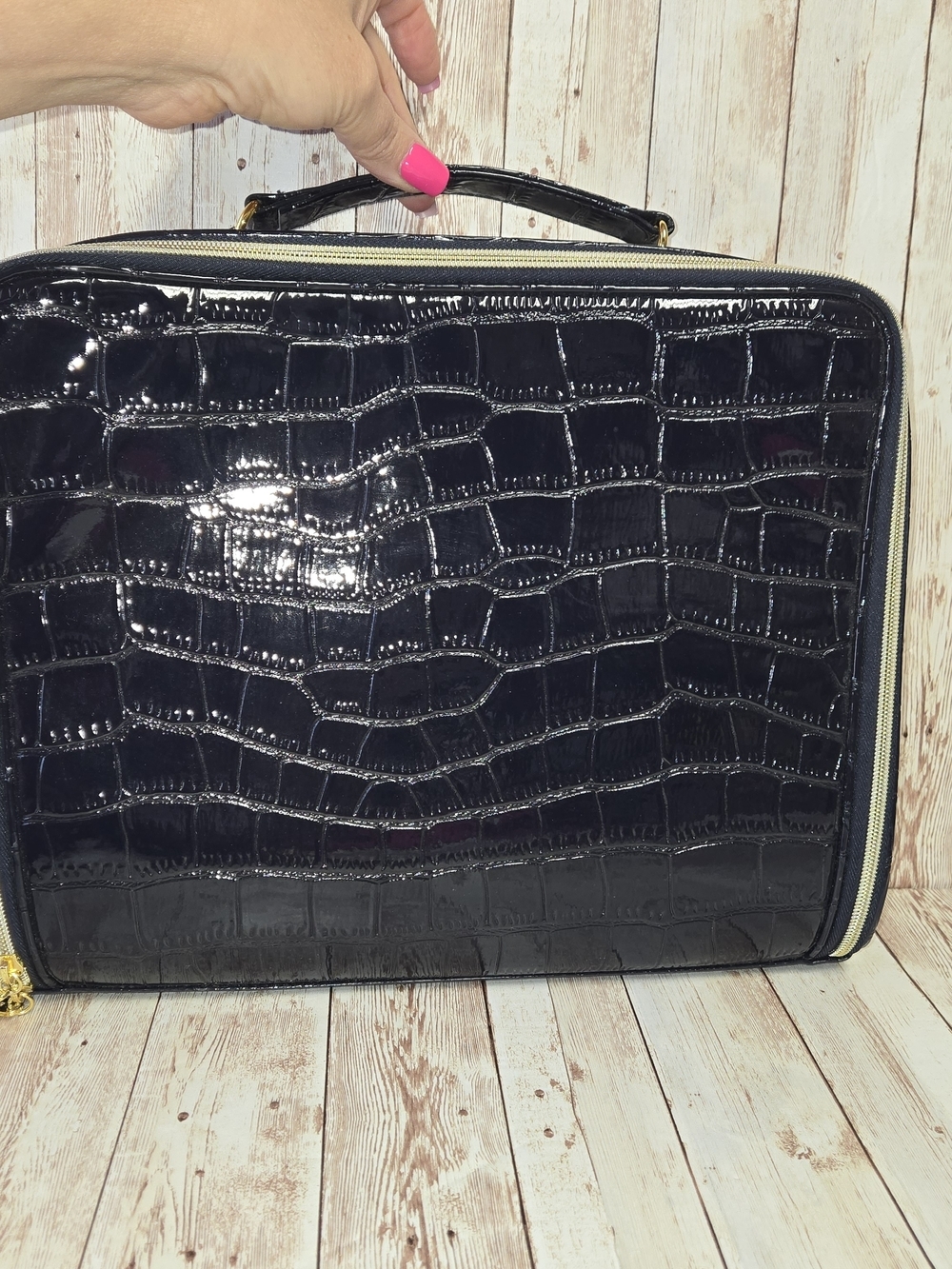 Estee Lauder Navy Croc Embossed Patent Travel Cosmetic Case Organizer